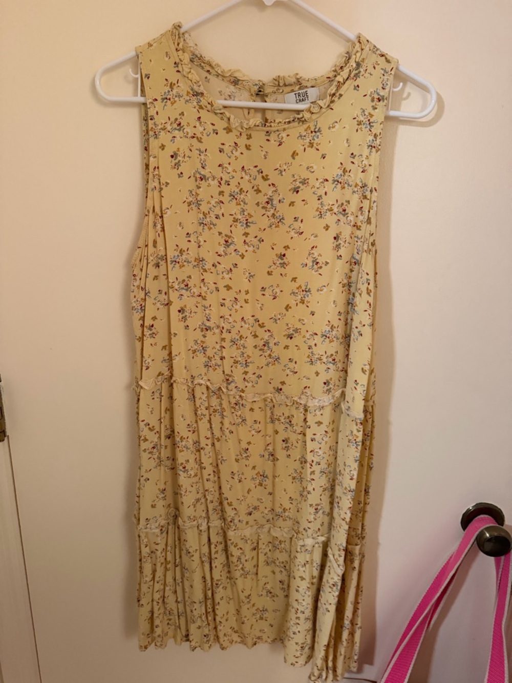 True Craft Cream Yellow Ditsy Floral Ruffle Neck Dress